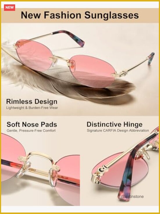 Rimless Oval Sunglasses with Metal Frame & Acetate Arms - UV400 Protection main image 6